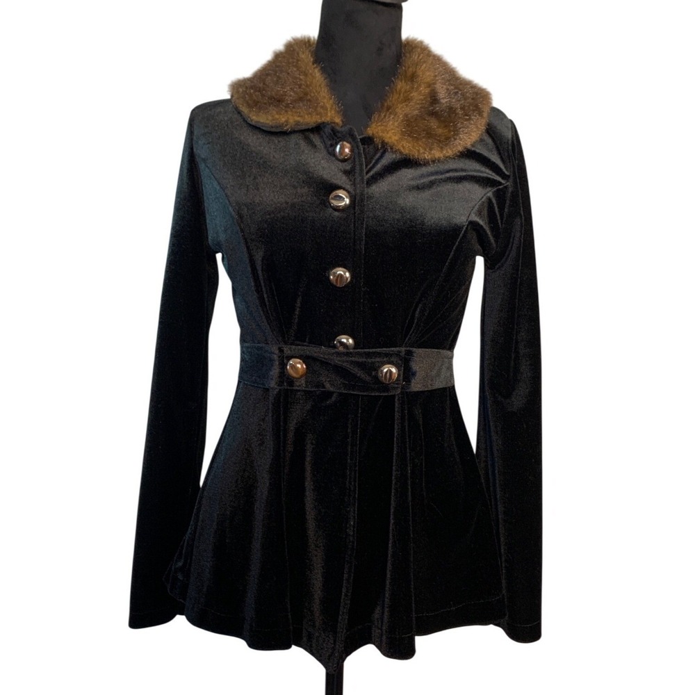 Maisete sz Small Vintage Black Velvet Jacket Fur Collar Fit & Flare Button Front